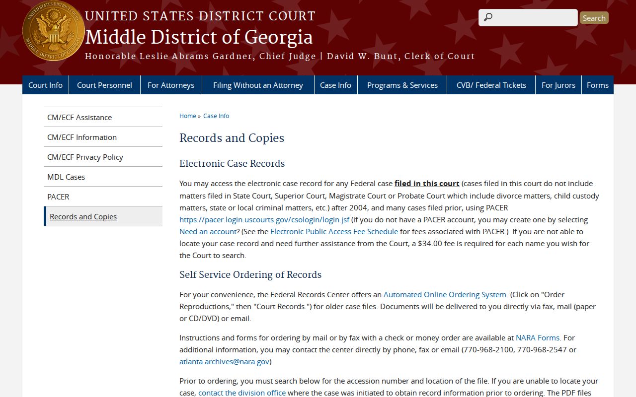 Middle District of Georgia federal records and copies page